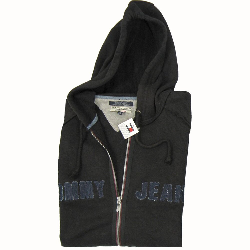 NEW Vintage Tommy Hilfiger Hoodie Sweatshirt! Black Big Denim Blue Tommy Jeans